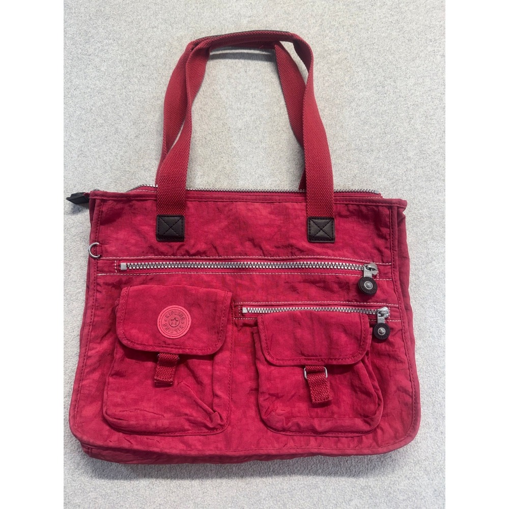 Kipling Crinkled Red Nylon Tote Bag Exterior‎ Pockets Zip Closure Travel Work